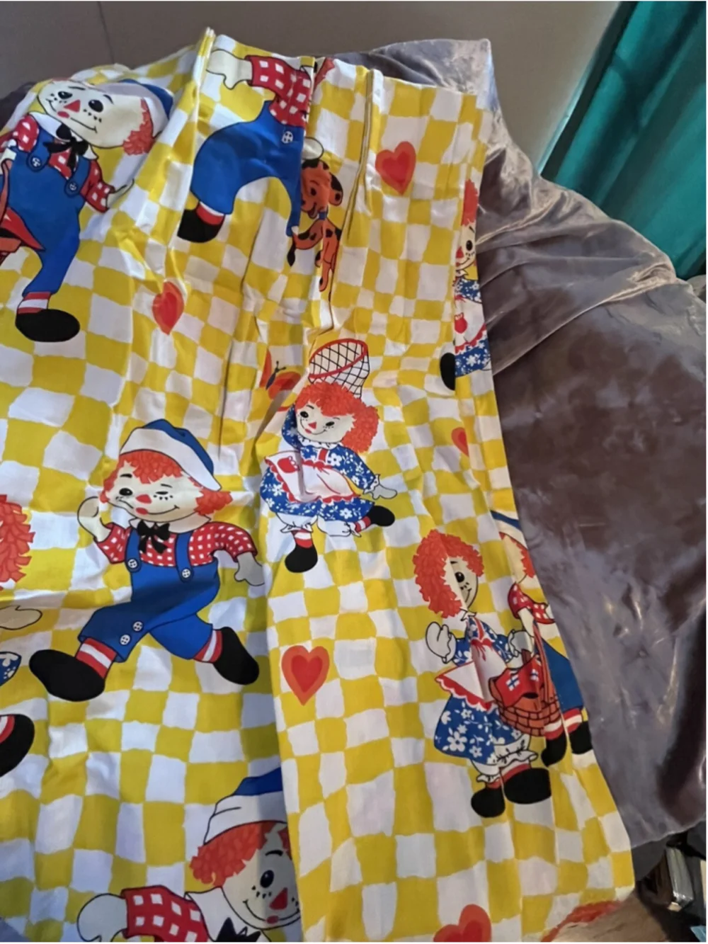 vintage raggedy ann and andy curtain panel pair set yellow checkered SEE PICTURE